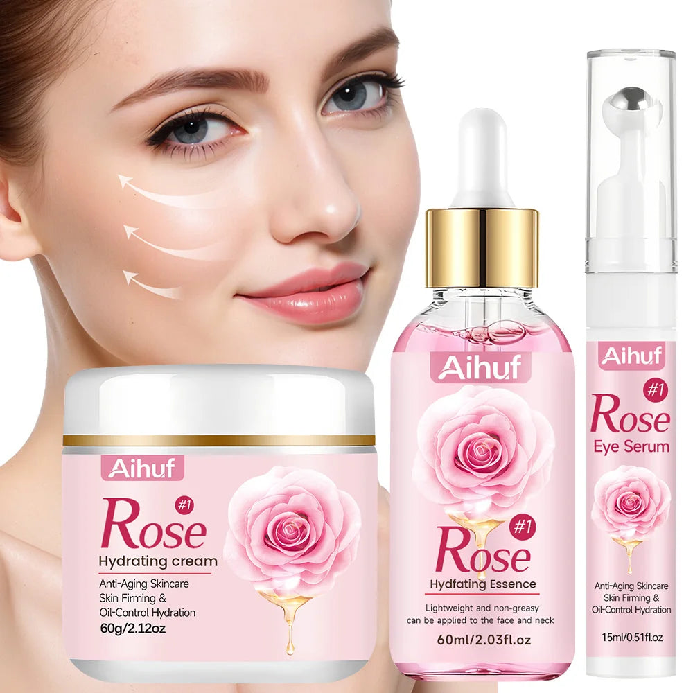 AIHUF Anti-Aging Facial Skincare Set with Rose Day Night Cream And Eye Cream for Dark Circles Puffiness Moisturizing And Firming
