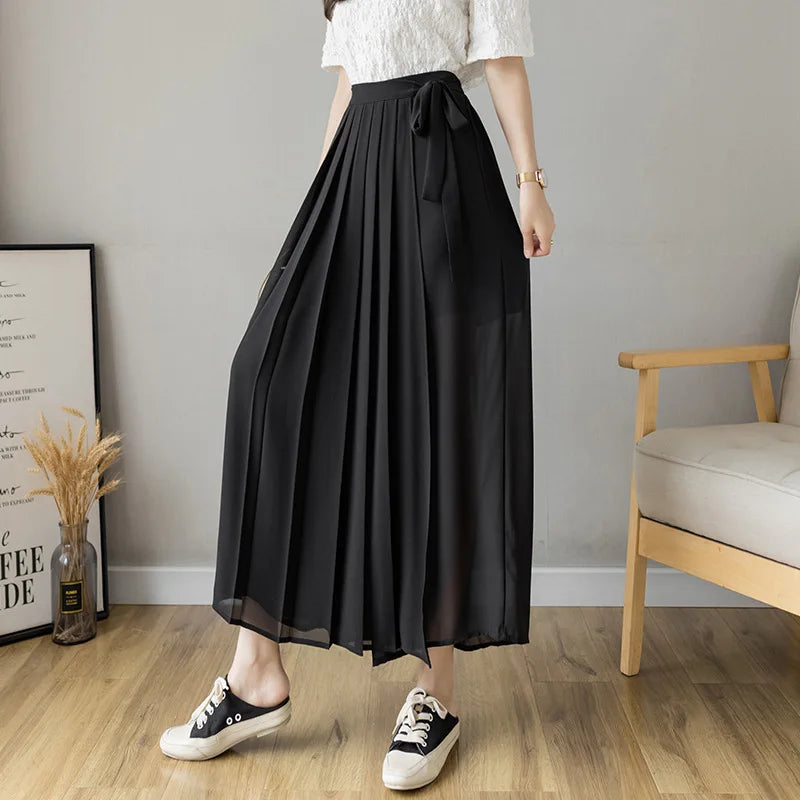 Summer Elastic Pleated Skirt Women Chiffon Trouser Skirt High Waist Casual Wide Leg Pants Fashion Streetwear Pants Pantalones