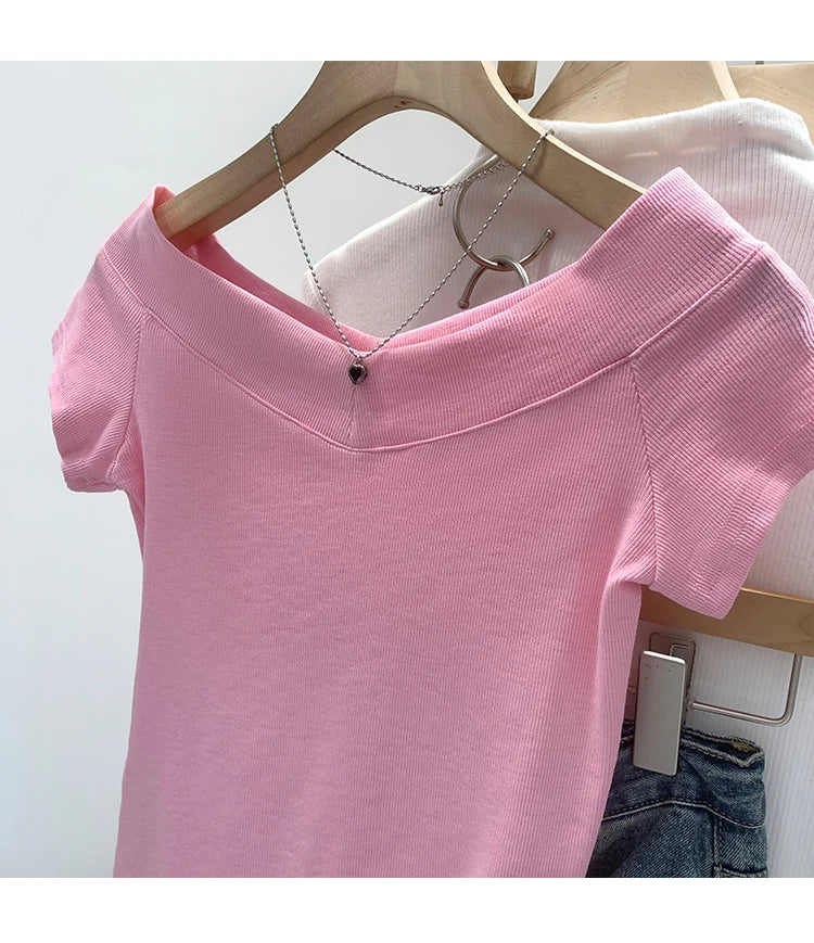Pink Shoulder Bared Short Sleeve T Shirt Women's Summer New Style Ageless Lady Pure Desire Spicy Girl Top Simple Backless Design