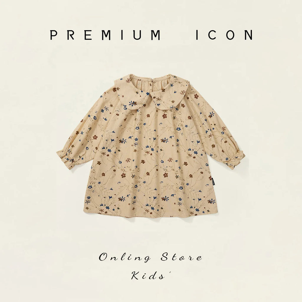 Children Girl Vintage Dress Spring Autumn Lace Turn Down Collar 2-8Y Princess Dress Fragment Flower Long Sleeve Baby Girls Dress