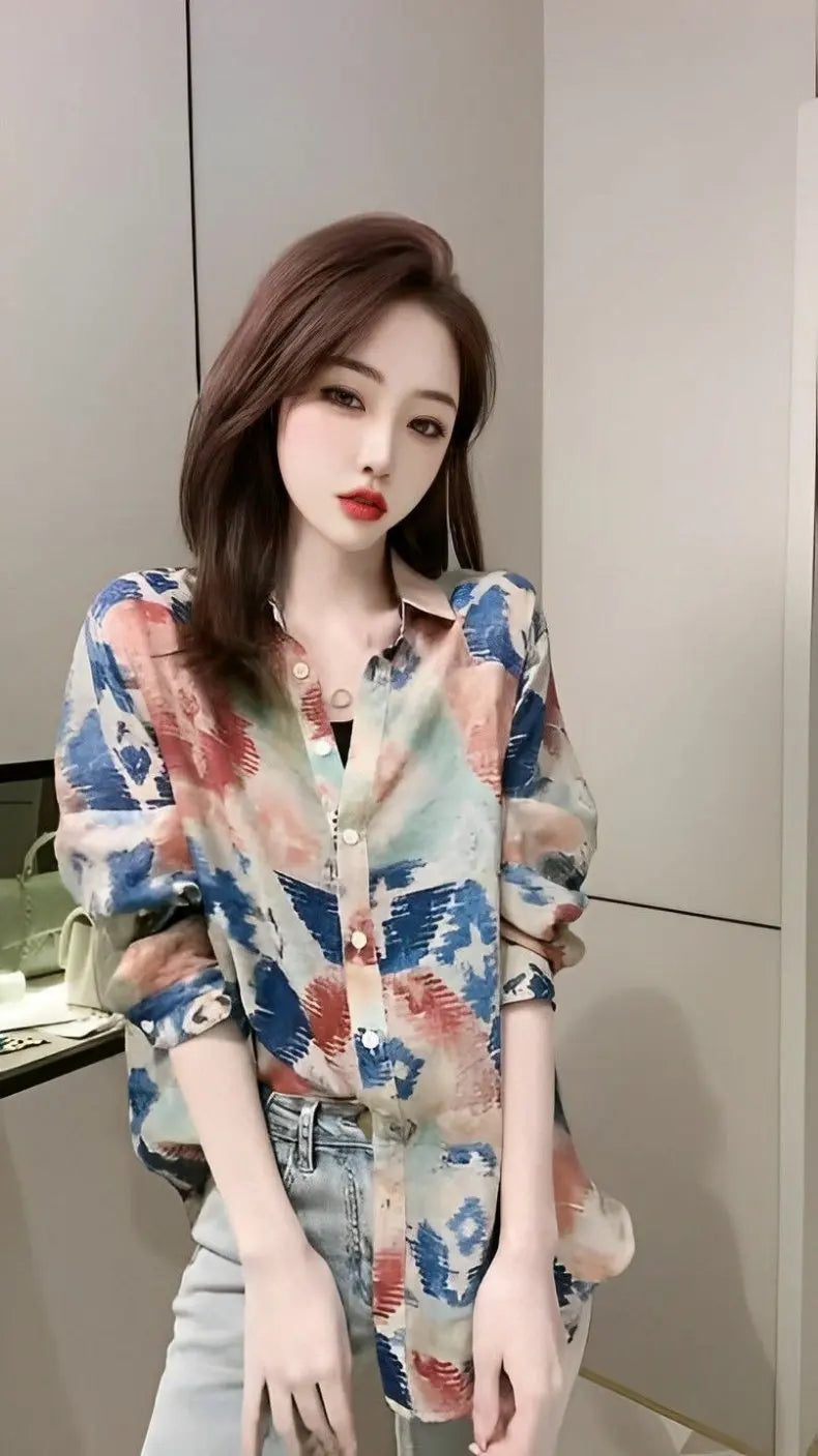 Spring 2026 Floral Print Loose Long Sleeve Women's Shirt Fashionable Versatile Korean Style Commute Polonaise Polyester Fiber