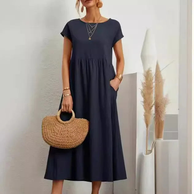Premium Elegant Solid Cotton Linen Dress Summer Midi with Pockets Loose Fit Casual Crew Neck Short Sleeve for Beach Travel