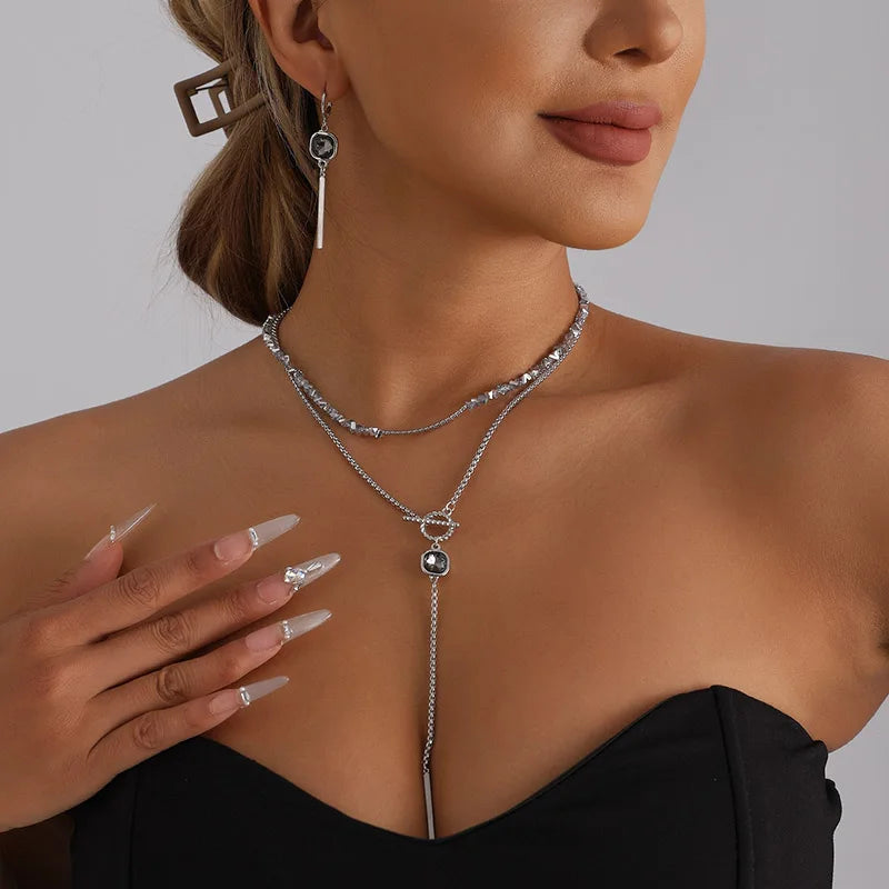Women'S'S Gray Glass Jewelry Long Tassel Layered Bracelet Drop Earrings Fashion Accessories Trendy Daily Wear