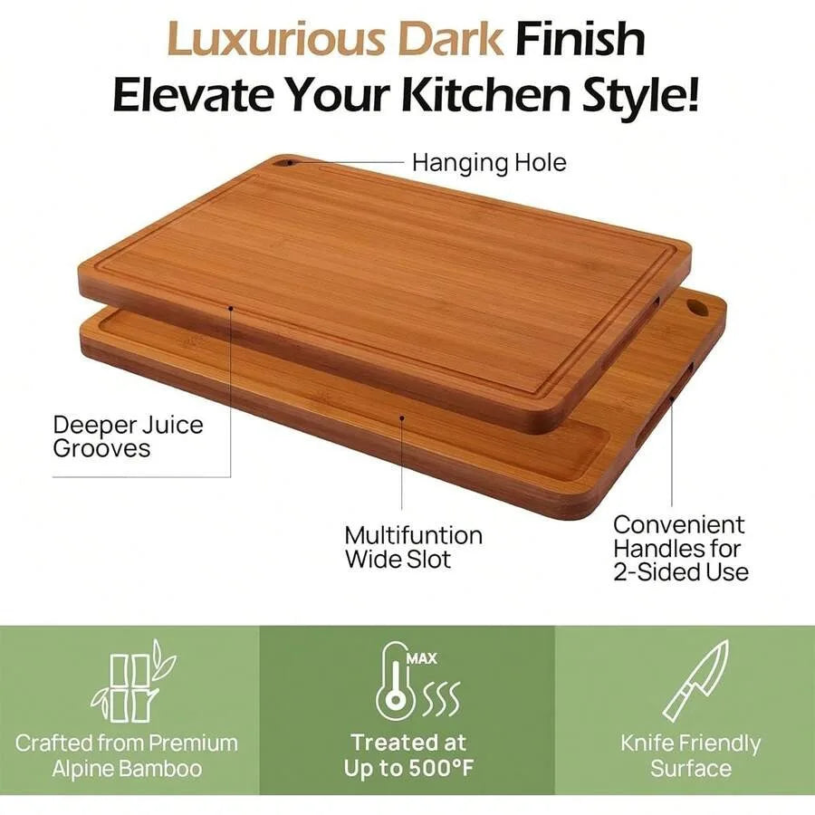 Deep Carbonized Bamboo Cutting Board Set, Designed For Kitchen Use, Paired With Wooden Storage Rack; Double-Sided For Separate Handling Of Cooked Food, Features Oil Draining Groove And Ergonomic Handle, Protects Knives,