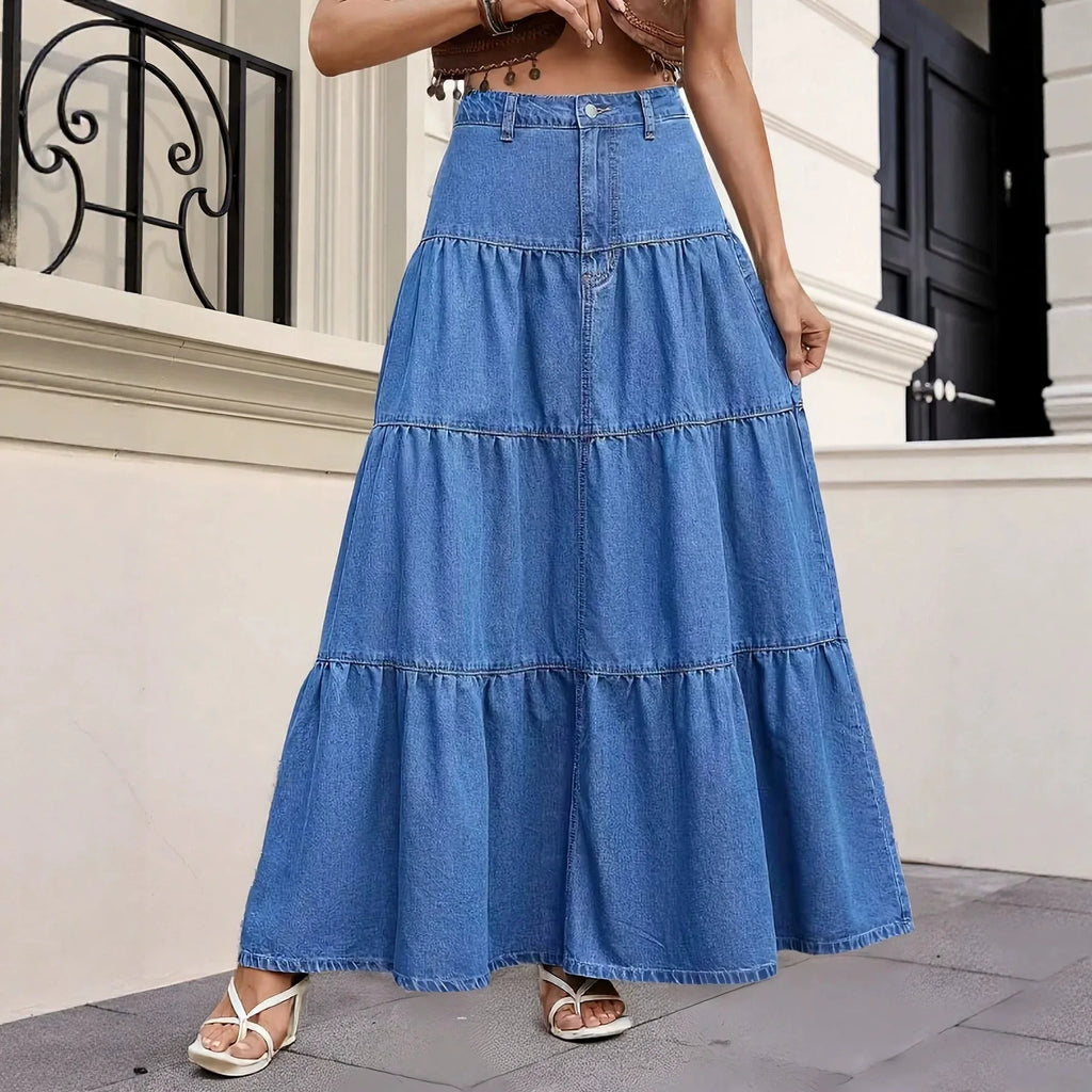 Maxi Skirts Boho Style Cotton Women's Skirt Femme High Waist Denim Skirts Mujer Vacation Bottoms A-line Layered Skirt Streetwear