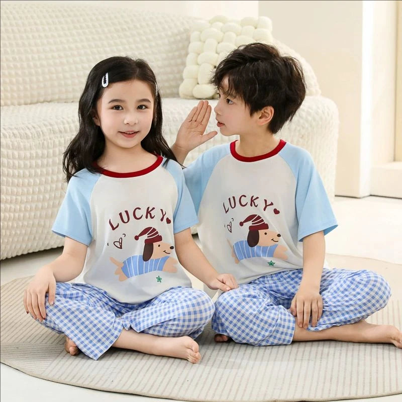 Teenage Boy Pajamas Summer Girl Short Sleeve Children's Clothing Sleepwear Silk Cotton Pyjamas Sets For Kids 4 8 9 12 13 14Years