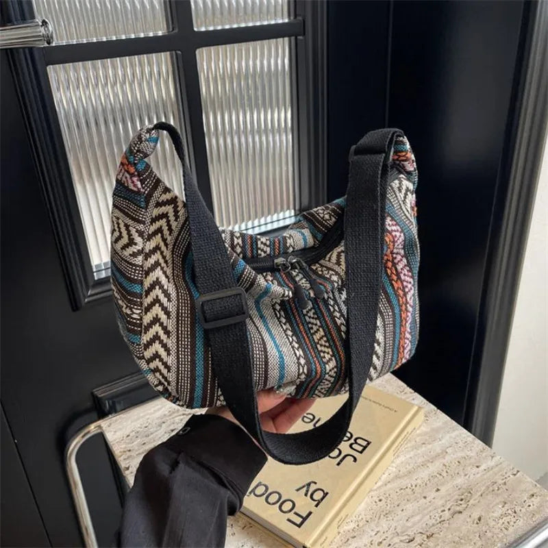 Crossbody Bags Tribal Style Shoulder Bag, Foldable Crossbody Striped Pattern, Flag Theme Hand Washable Edge Painted Lining