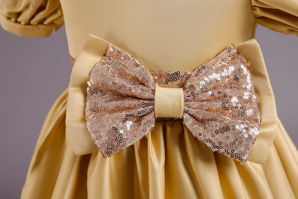 Golden Bow Satin Girls Dress For Weddings Party Children's Pageant Ball Gown Kids Formal Evening Clothing 2-8 10 Years