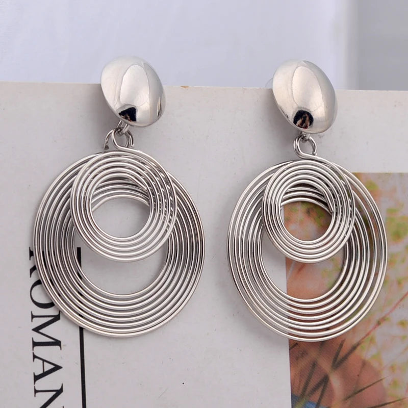 Trendy Big Round Statement Earrings For Women'S Silver Color Metal Geometry Dangle Drop Earrings European Jewelry