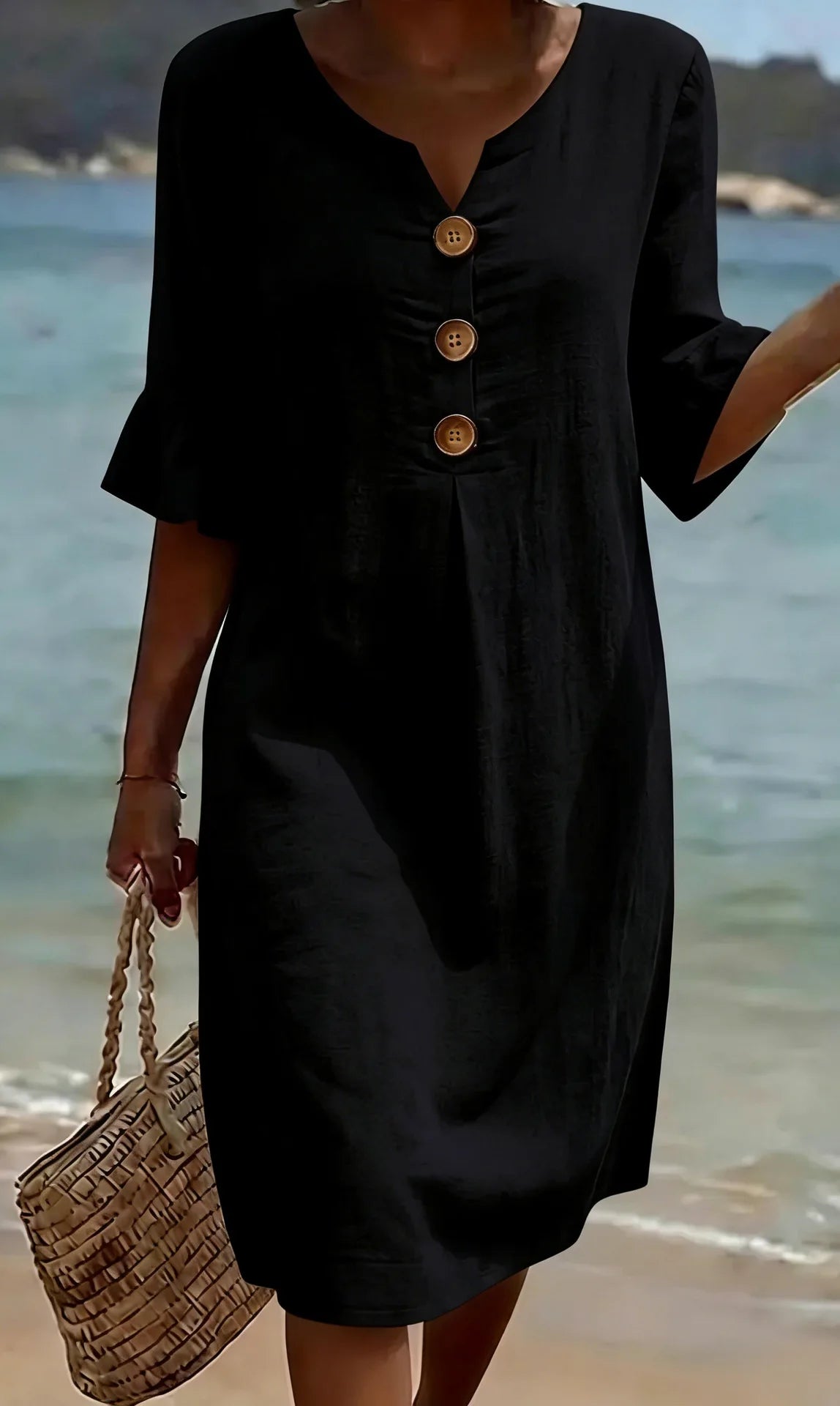 Simple Casual Women's Solid Color Midi Dress V Neck Button 3/4 Sleeve Loose 2026 New Summer Beach Vacation Dresses With Pockets