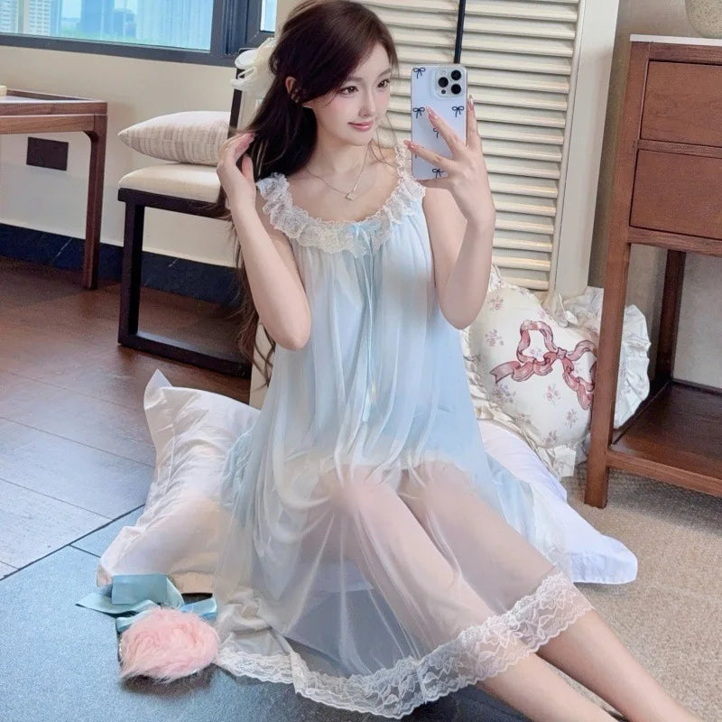 New Lace Sweet Cute Skin Friendly Breathable Comfortable Camisole Nightgown Women Summer Thin Mesh Sleepwear Princess Long Dress