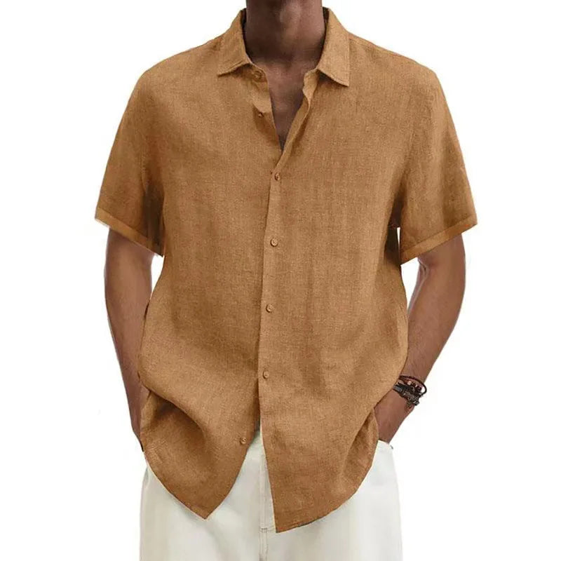 Men's Cotton Linen Button Short Sleeve Shirt Loose Fit Classic Collar Trendy Casual Summer Fashion Pure Color Youth Clothing