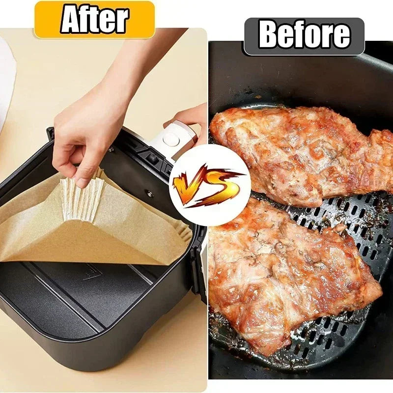 50/30 Piezas Accesorios de Cocina Papel para Freidora de Aire Utensilios de Cocina Desechables Cuadrados Redondos Moldes para Repostería Bandeja para BBQ Almohadilla Antiadherente