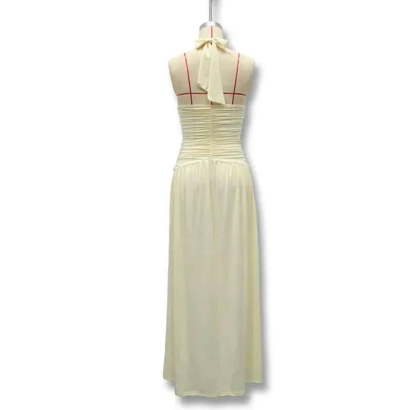Elegant Strapless Ruched Maxi Dress Sexy Backless Lace Up Cinched Waist Slit Draped Bodycon Dresses Cocktail Party Evening Gown