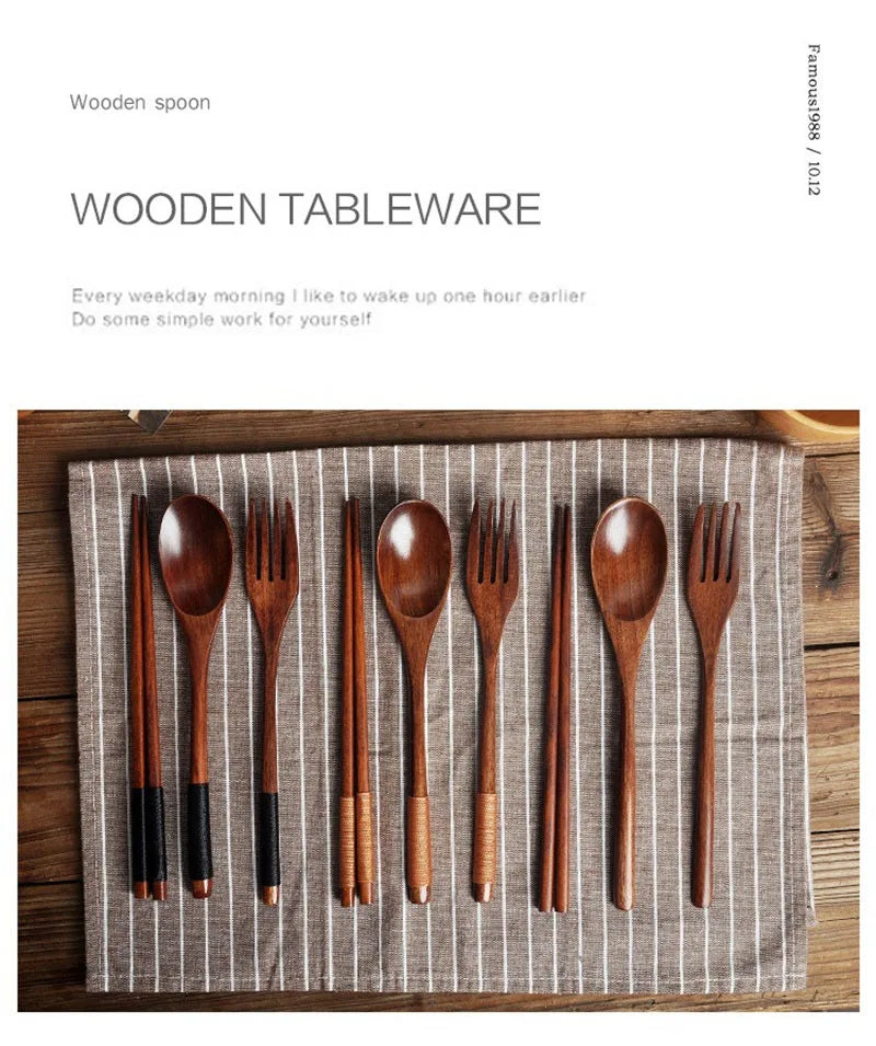 3Pcs Japanese Wooden Reusable Sushi Chopsticks Spoon Cutlery Set Non-slip Travel Dinnerware Suit Tableware Kitchen Tools