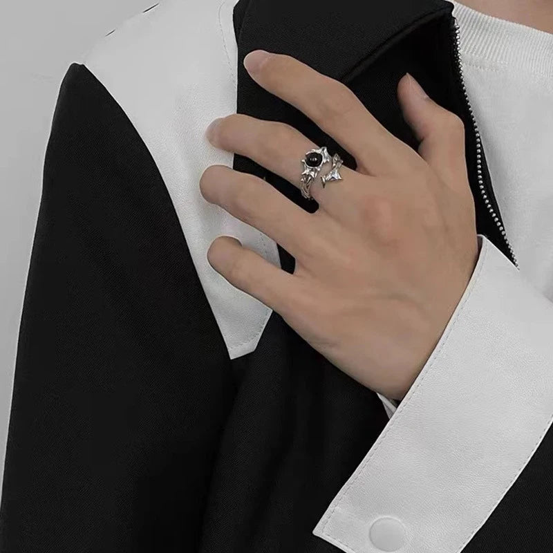 Punk Harajuku Goth Thorns Black Silver Color Irregular Heart Cross Open Ring For Women'S Men Lover Vintage 90S Y2K Grunge Jewely