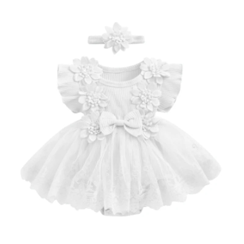 Baby Girls 3D Flower Mesh Lace Ruffle Romper Dress and Headband Set