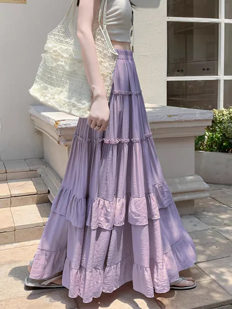 White Tiered Ruffle Hem Skirt 2025 - High Waist Flowy A-Line Maxi Skirt, Summer Chiffon Layered Skirt with Pleats