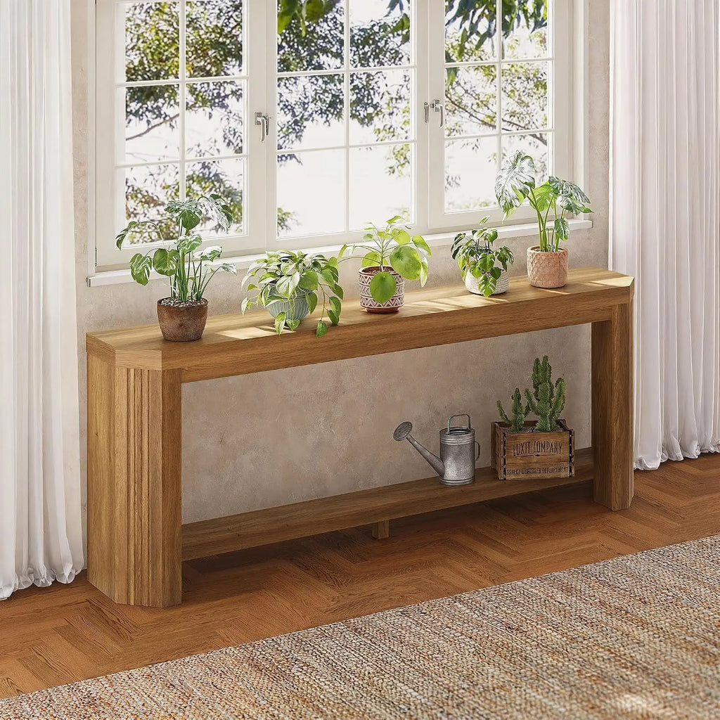 70" Console Table, Narrow Long Sofa Table with Open Storage, Easy Assembly for Entryway & Living Room, Light Brown, Customized