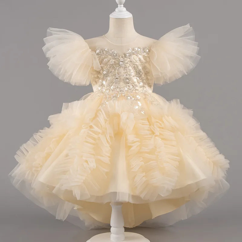 HETISO Girls Elegant Trailing White Dress Flower Appliques Kids Weddings Birthday Party Gown