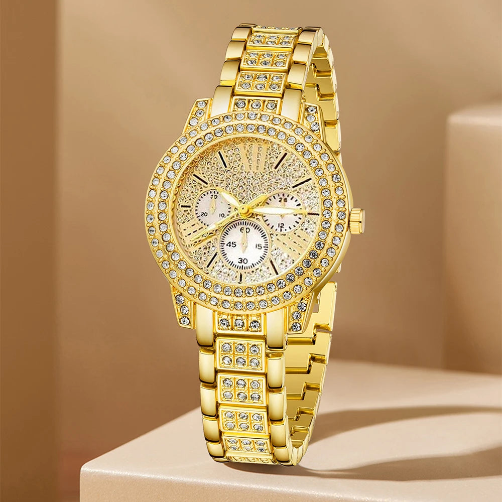 Women'S'S Quartz Watch Gold Luxury Women'S Ring Necklace Earring Rhinestone Fashion Wristwatch Casual Ladies Watches Jewelry Set ﻿