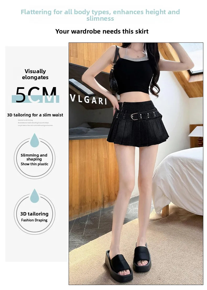High Waist A-Line  Skirt Women's Denim Pleated Half Body Summer New Style Comfortable Soft Korean Version City Commute