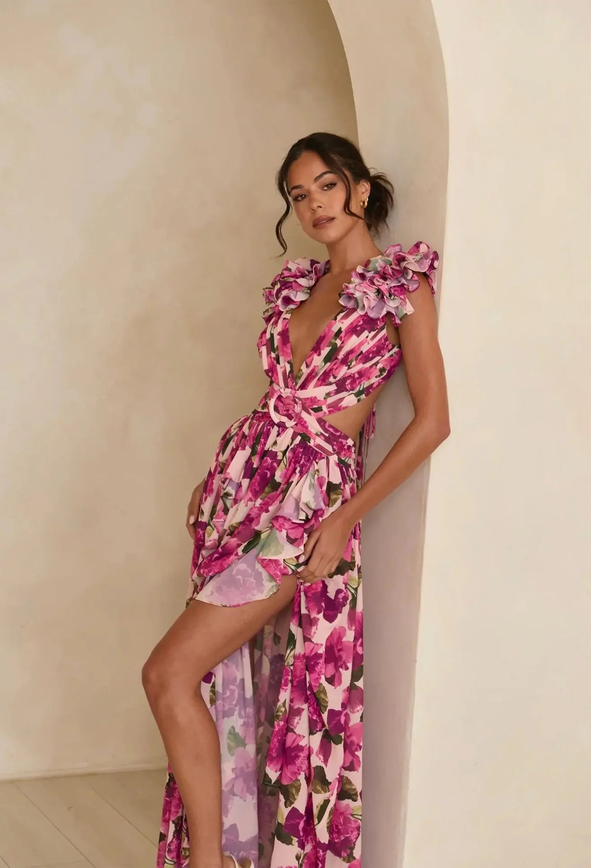 Floral Dress Women Spring Summer Deep V Neck Ruffle Hem Hollow Out Backless Maxi Dresses Bohemian Beach Sundress Outfit