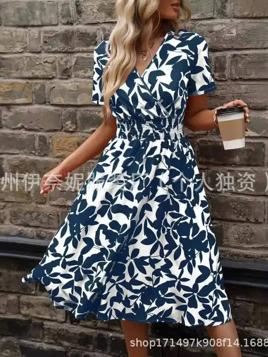 2026 European American New Spring Summer Short-Sleeved V Neck Leaf Floral Large Hem Skirt Waist Dress Dresses Tops 2KD7