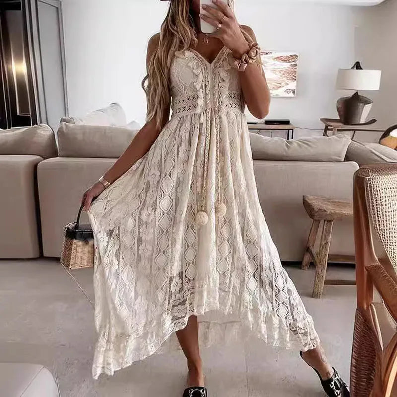 Ladies Dress A-line Lace Embroidery Design V-neck Sleeveless Mid Waist Slim Solid Color Simple Elegant Fresh Retro Sling Dress