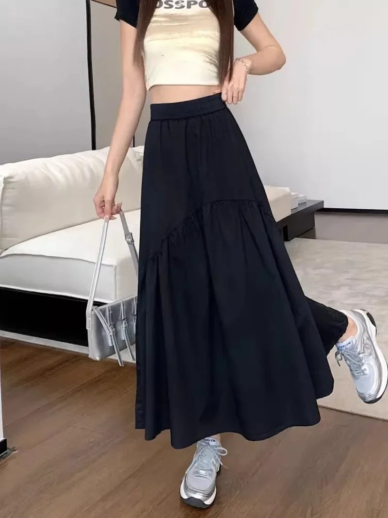 Elegant Women's Skirt Autumn New A-line Simple Fashion Solid Color Bustier Korean Pleated Splicing Elastic Waist Long Skirt