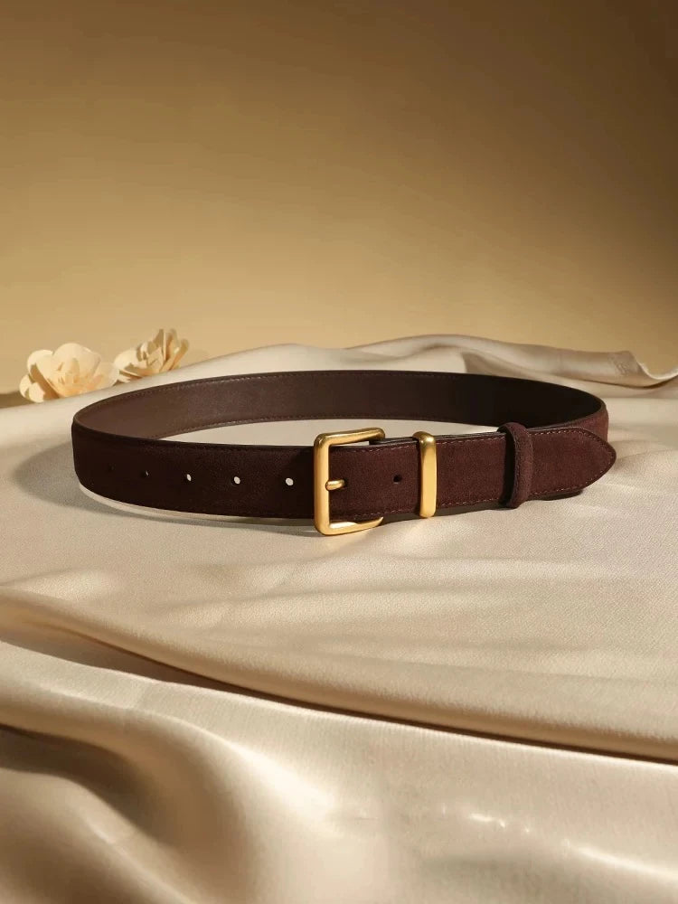 Luxury Suede Cowhide Leather Belt for Women, Vintage Style with Gold Buckle, 3.5cm Wide Waistband for Dresses & Jeans