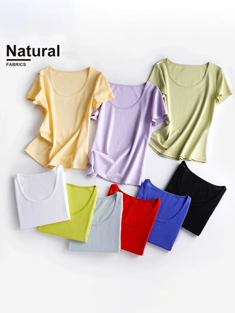 SuyaDream 2022 Woman Summer Tee Silk Acetate Blend U Neck Slim Waisted Solid Cosy T Shirt Candy Colors Top