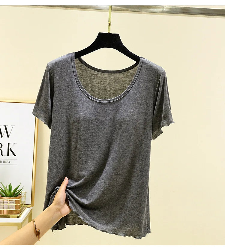 Modal No- Bra T-Shirt One-Piece Short Sleeve Women Summer Wear Casual Solid Color Base Layer Outdoor Wear round Neck T-Shirt