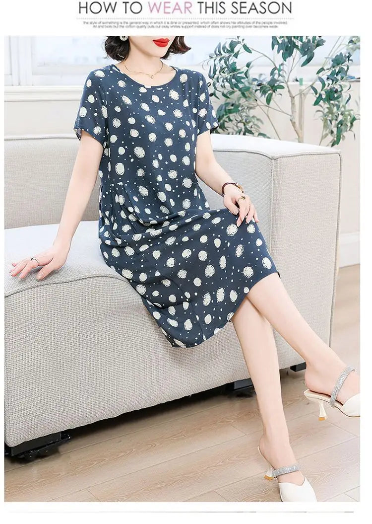Women Summer Cotton Midi Dress Polka Dot Print Round Neck Short Sleeve Loose Casual Home Outdoor Dress S 4XL