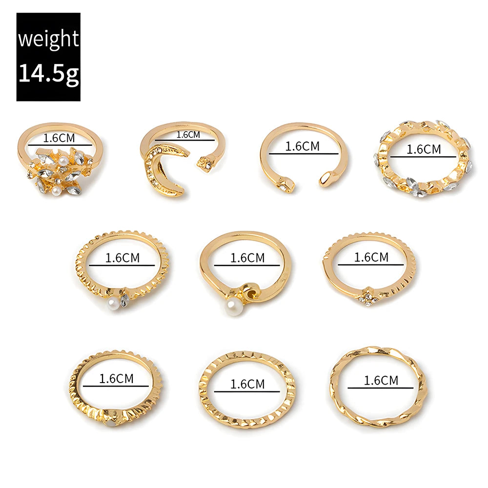 10Pcs Rings Suit For Women'S Gold-Color Chain Ring Set Bohemian Style Coin Snake Moon Star Leaves Love Trend Jewelry