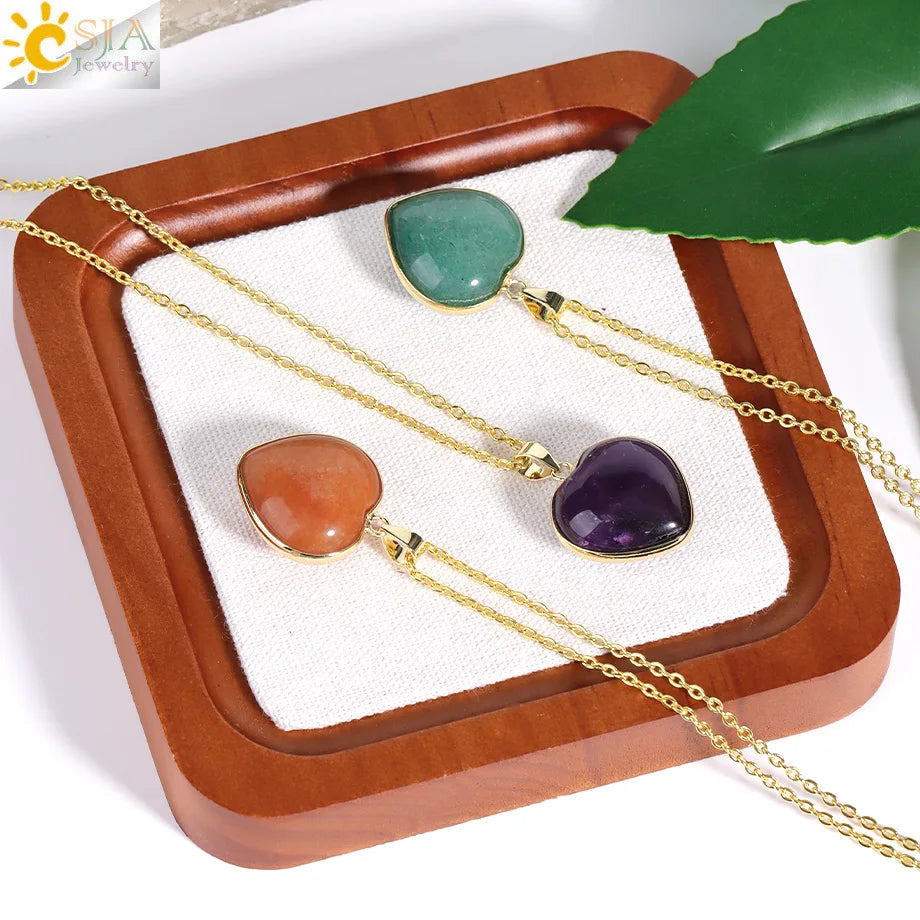 CSJA Heart Natural Stone Crystal Necklaces Pendants for Women Pink Quartz Clear Amethysts Healing Necklace Decoration H674