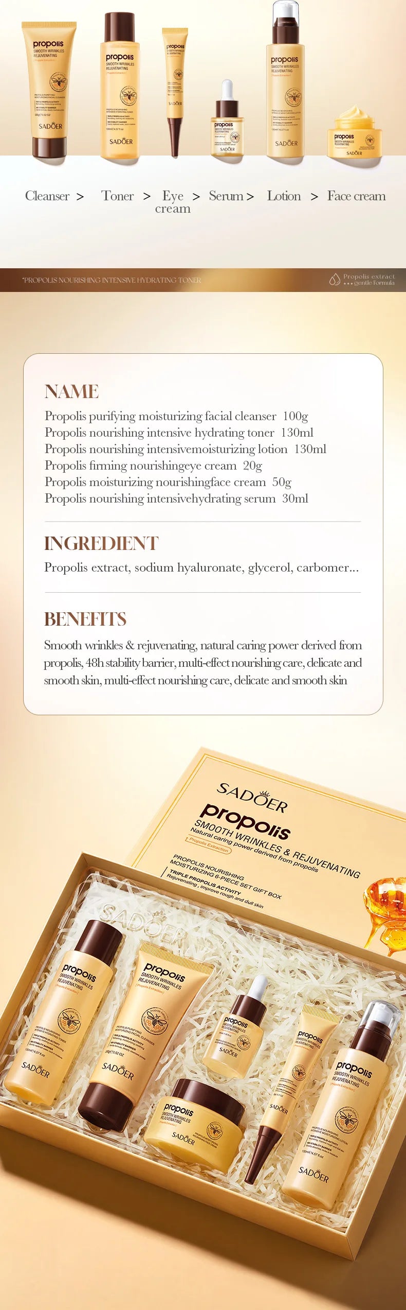 6pcs Propolis Nourishing Skincare Gift Set, Intensive Hydrating Sodium Hyaluronate Facial Kit, Barrier Repair, Smooth Wrinkles