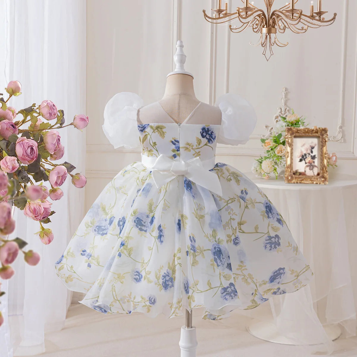 HETISO Girls Floral Chiffon Dress Korean Style Casual Birthday Gown White One-piece Summer Dress for Kids 2-10 Years