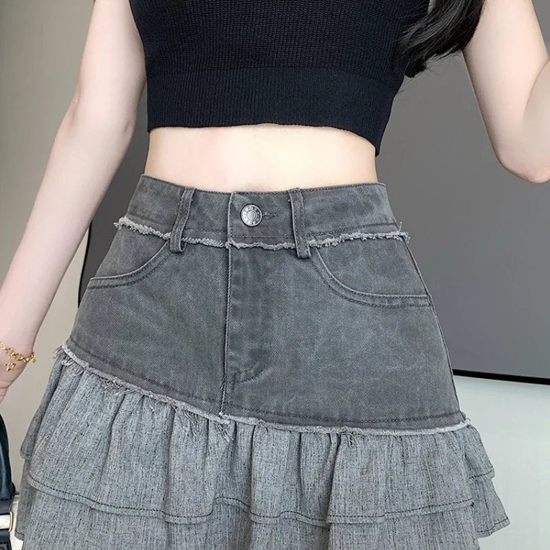 Fashion 2025 New Denim Patchwork Ruffle Denim Skirts Women Summer Retro High Waist Slim Skirts Woman