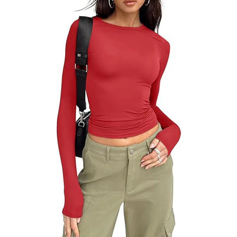 1Pcs Four Seasons Fashion Senior Women'S T-Shirt Long Sleeve Crew Neck Solid Slim Fit Tee Ladies Crop Top Daily Streetwear Camis