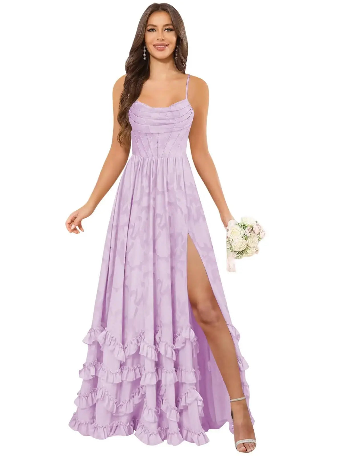 Women's Chiffon Jacquard Spaghetti Strap Floor Length Formal Evening Gown For Wedding Guest Prom Party Bridesmaid Dress