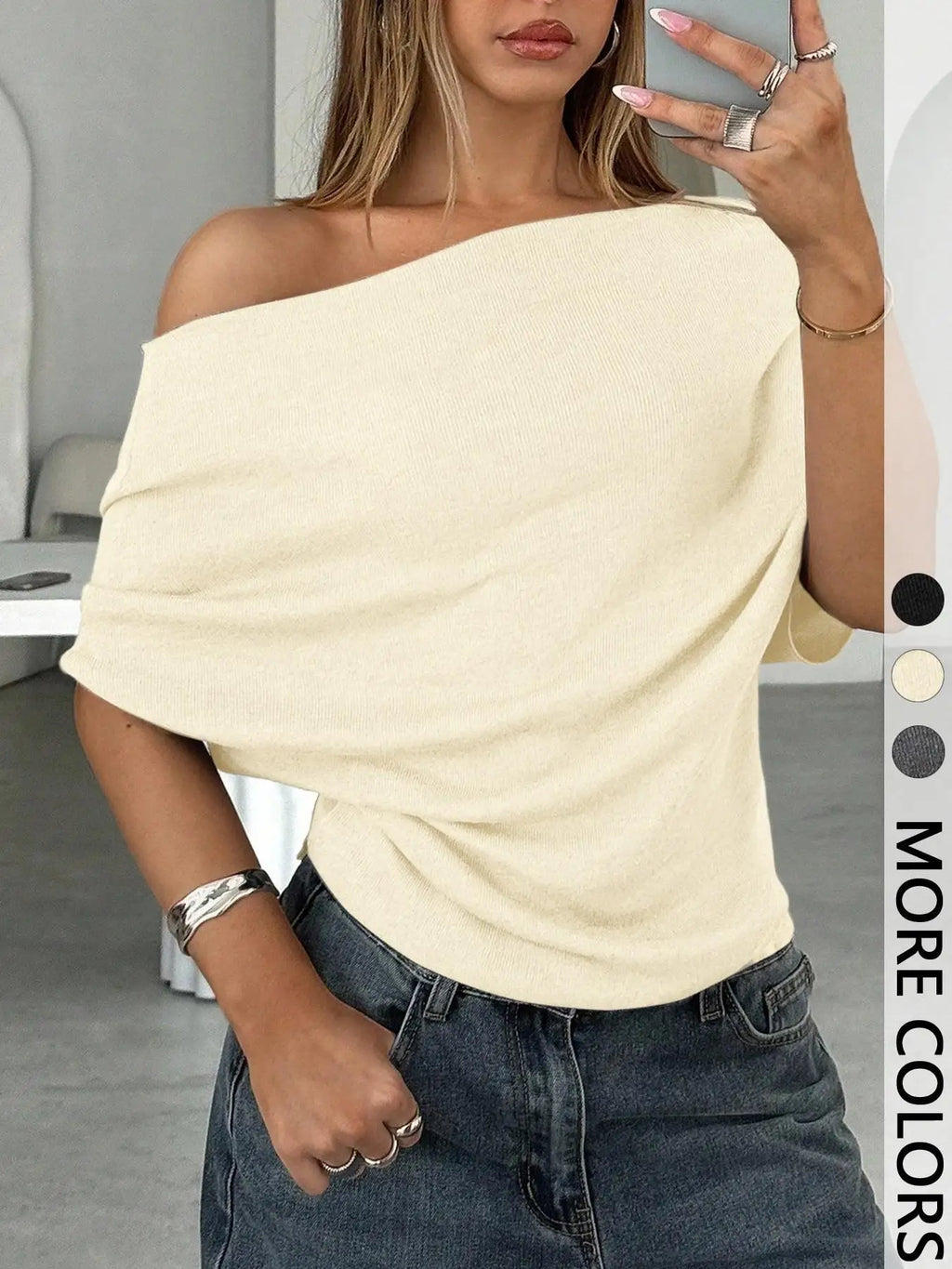 Women's Fashion Sexy Hot Girl One Shoulder T-Shirt 2026 Summer New Slim Bat Sleeve Solid Color Versatile Top T-Shirt Female