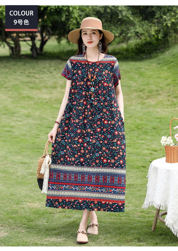 New Fashion Casual 2025 Summer Elegant Dresses For Women O-Neck Print Vintage Short Sleeve Dress Loose Women Clothing