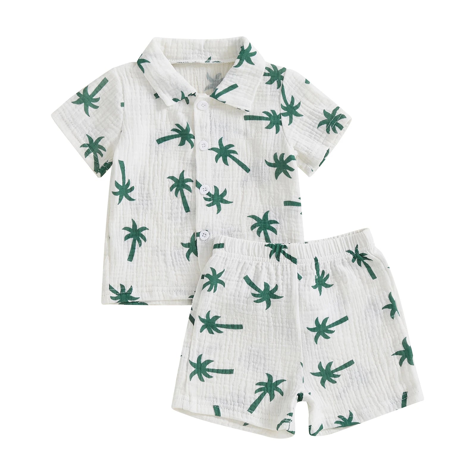 Palm Tree Print Baby Boys Summer Outfit Two Piece Set Button Up Shirt And Elastic Shorts