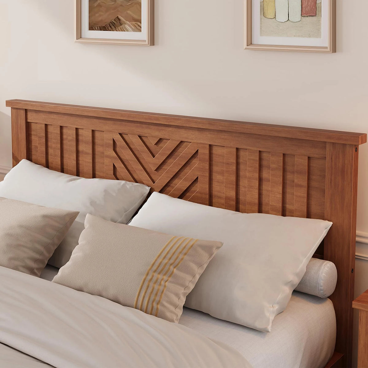 Full Queen King Wooden Platform Bed Frame With V Pattern Headboard, Noise Free Wood Slats, Underbed Storage, No Box Spring Needed