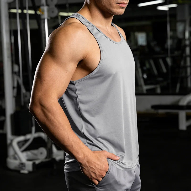 Men's Gym Sports Tank Top Muscle Aesthetic Dry Fast Workwear Polyester Fiber Summer Sport Fit Style Solid Color round Neck