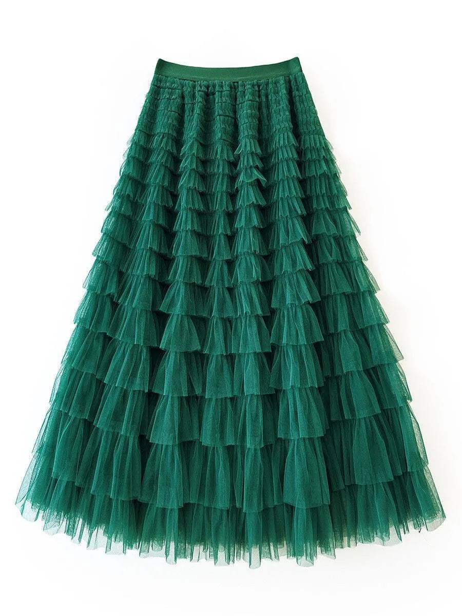 HOT Solid Multilayer Ruffle Mesh Skirt Women Boho High Waist Long Maxi Tulle Skirt Spring Summer Party Women's Clothing