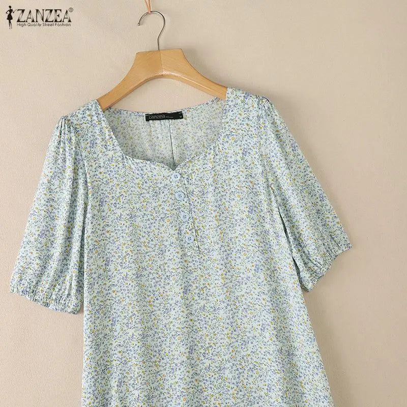 ZANZEA Women's Floral Printed Midi Dress Square Neck Half Puff Sleeve A-Line Dresses Summer Pullover Ruffled Hem Robes Femme