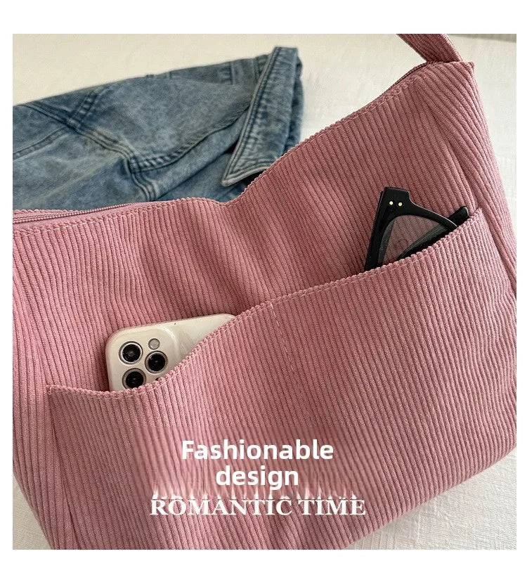 Women’s Corduroy Shoulder Bag, Casual Striped Large Capacity Tote with Zipper Closure, Cute Hat Patch, Perfect for Everyday Use