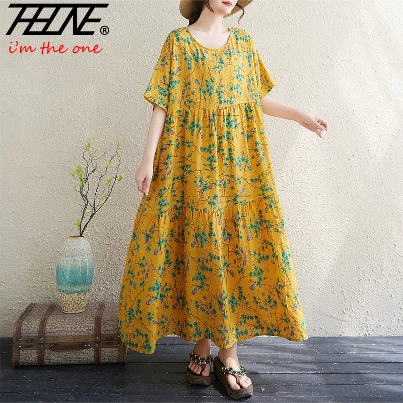 THHONE Vestido Feminino Summer Dresses for Women 2025 Bohemian Holiday Floral O Neck Short Sleeve Casual Print Women's Clothes